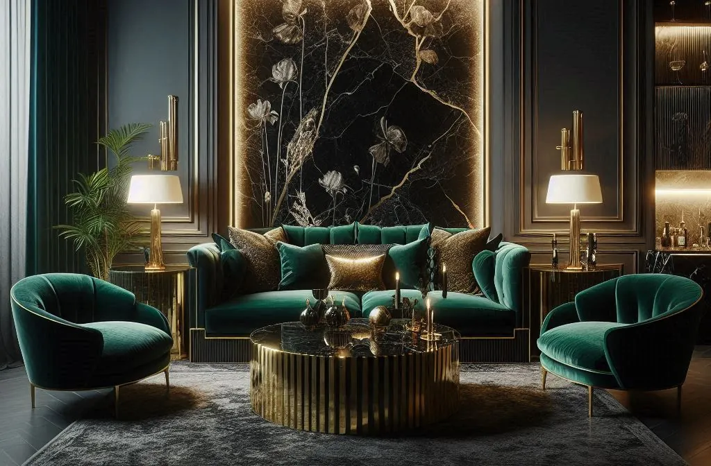 Luxurious emerald and gold living room, featuring a velvet sofa, armchairs, and gold accents.